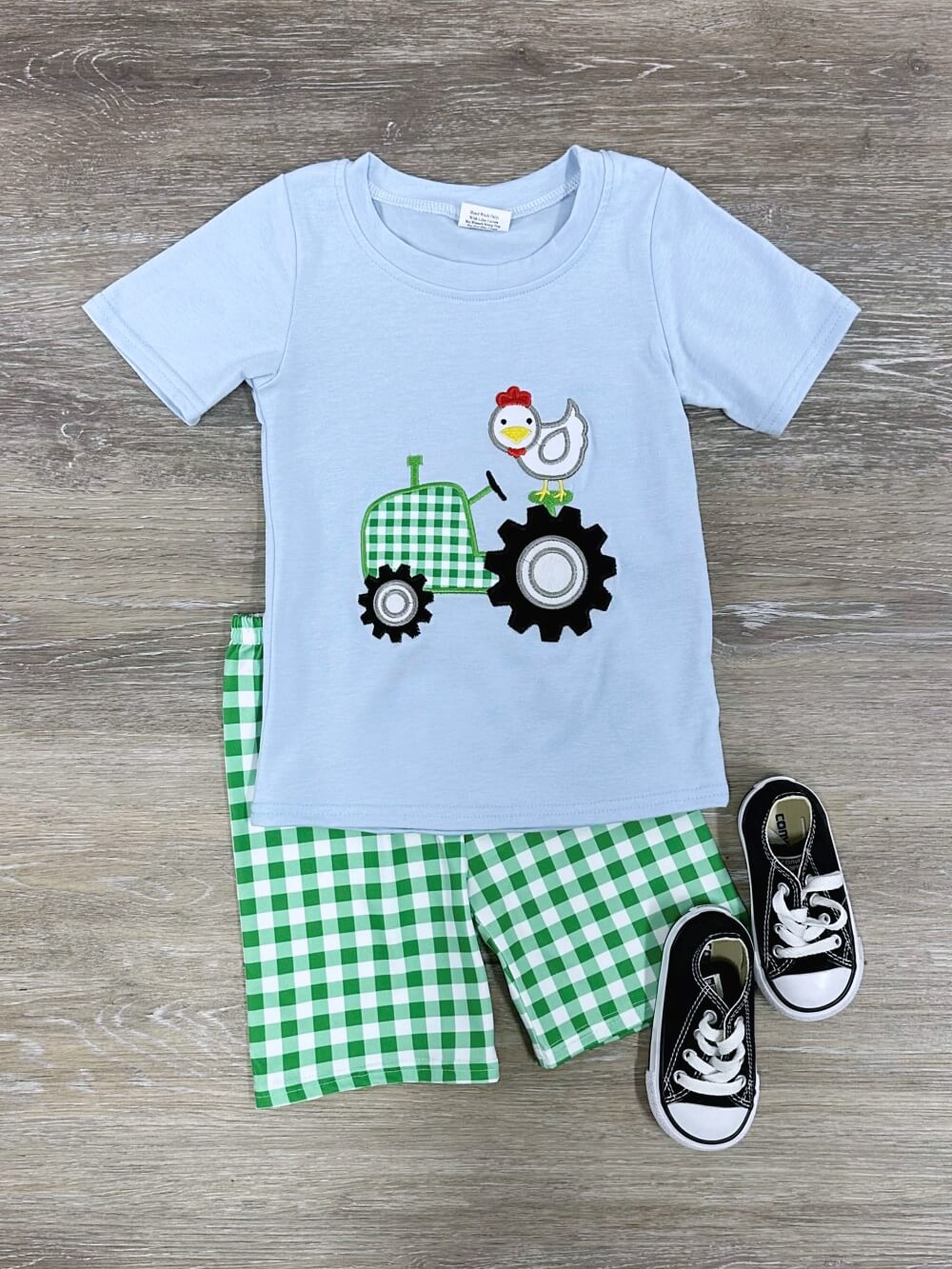 Green Farm Tractor Boys Plaid Shorts Outfit