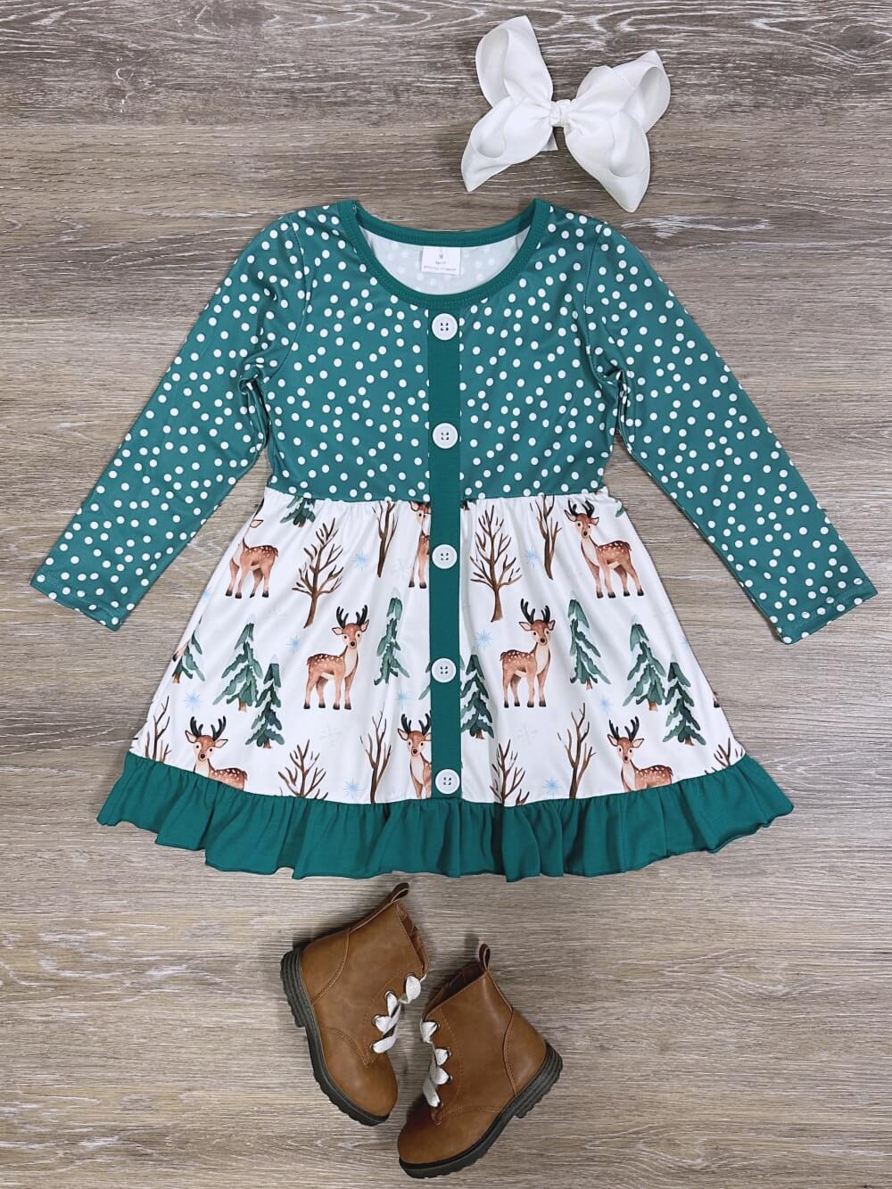 Green Polka Dot Winter Deer Girls Ruffle Trim Long Sleeve Dress - Sydney So Sweet