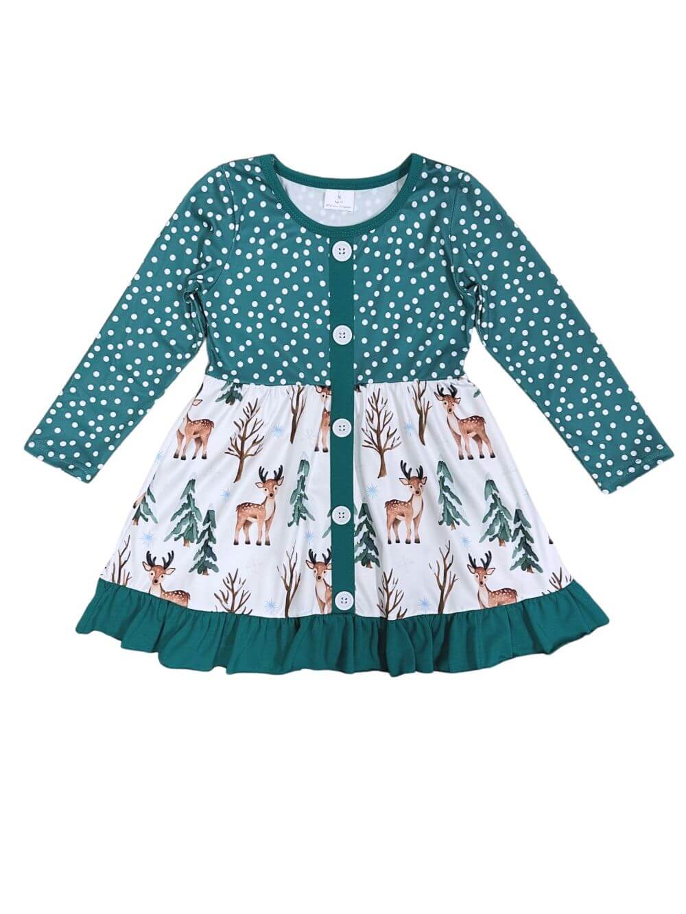 Green Polka Dot Winter Deer Girls Ruffle Trim Long Sleeve Dress - Sydney So Sweet