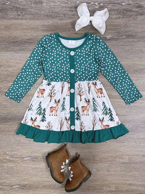 Green Polka Dot Winter Deer Girls Ruffle Trim Long Sleeve Dress