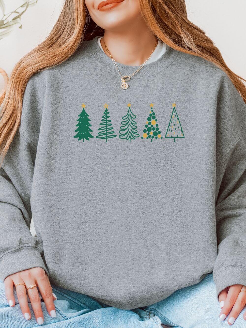 Green & Gold Christmas Trees Heavy Blend Women's Crewneck Embroidered Sweatshirt - Sydney So Sweet