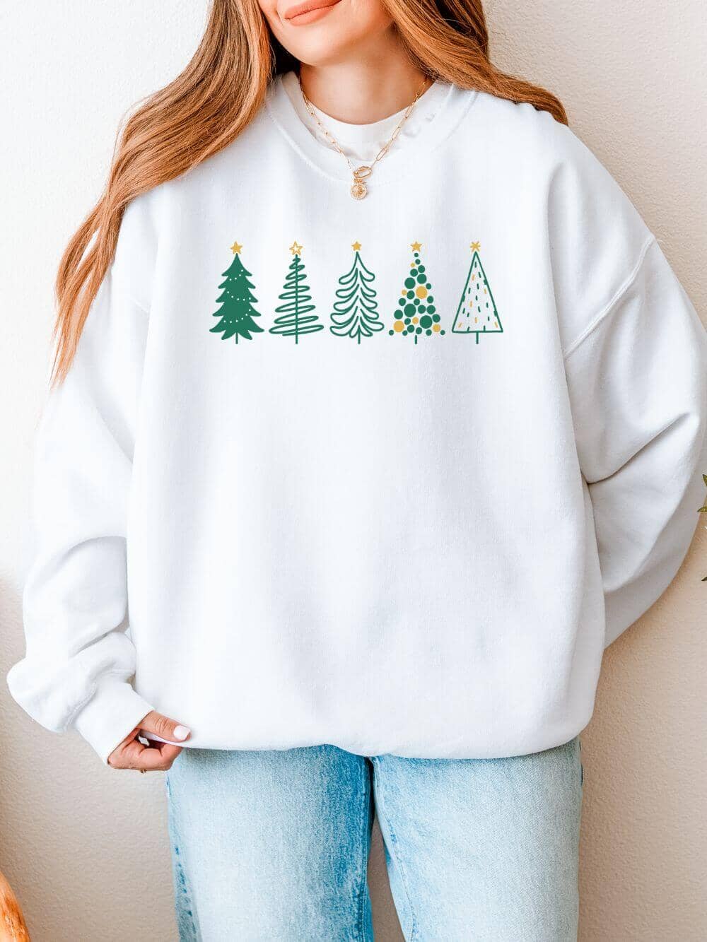 Green & Gold Christmas Trees Heavy Blend Women's Crewneck Embroidered Sweatshirt - Sydney So Sweet