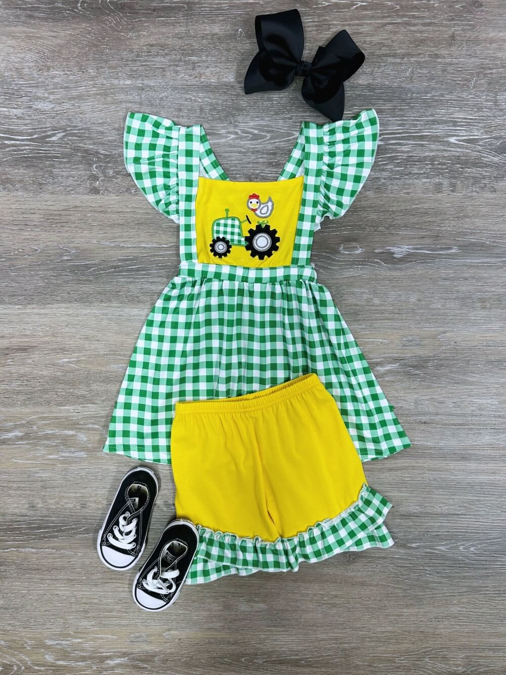 Green & Yellow Farm Tractor Girls Gingham Plaid Shorts Outfit