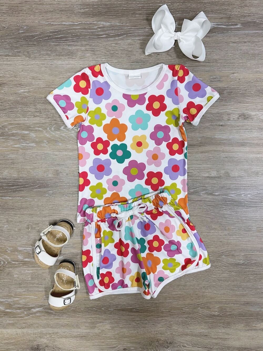 Groovy Garden Bright Summer Floral Girls Shorts Outfit