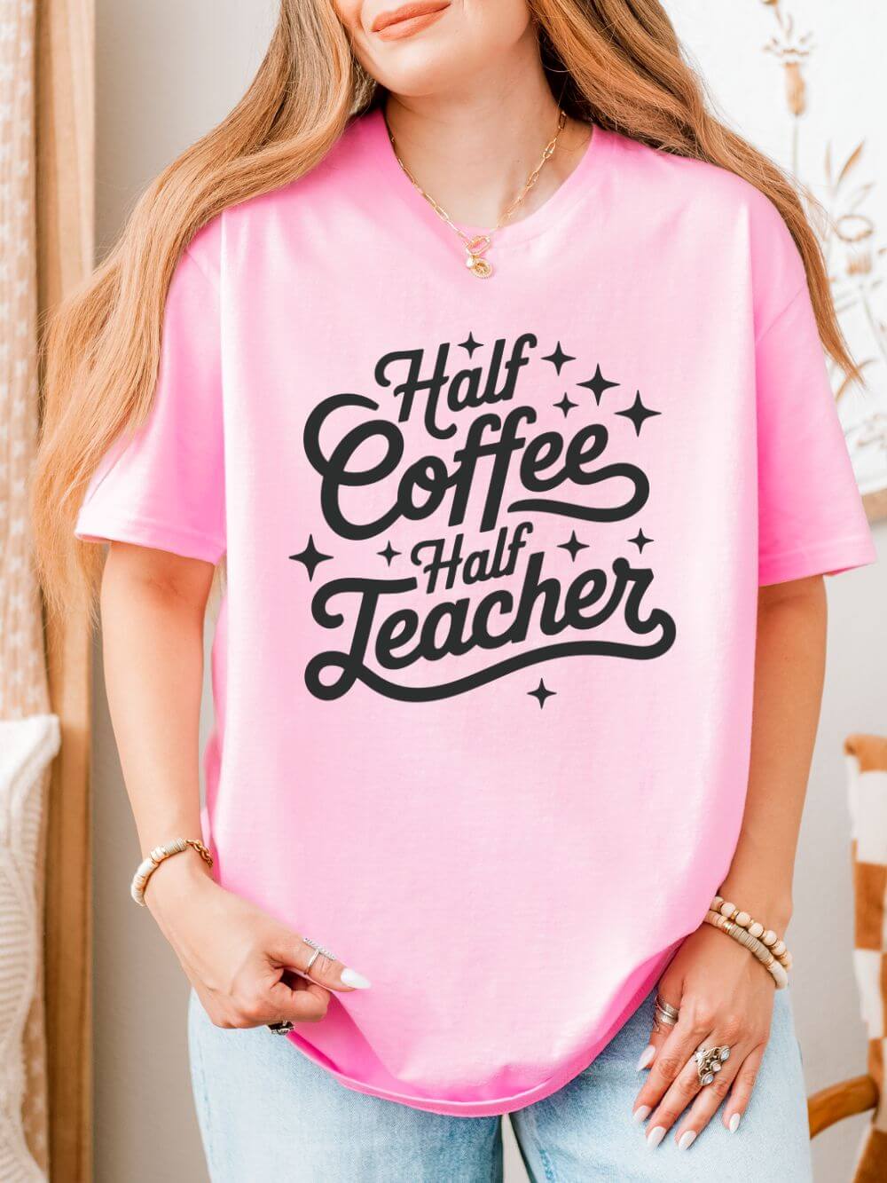 Half Coffee Half Teacher Graphic Tee Teacher Coffee T-Shirt