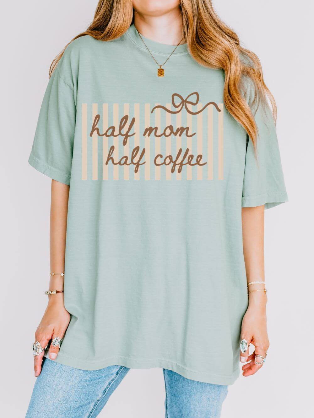 Half Mom Half Coffee Life Stripe & Bow Graphic T-Shirt