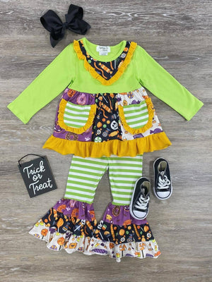Halloween Treats Girls Boutique Ruffle Green Stripe Outfit - Sydney So Sweet