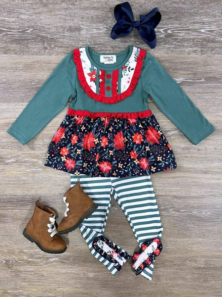 Happiest Holidays Floral & Stripe Ruffle Girls Outfit