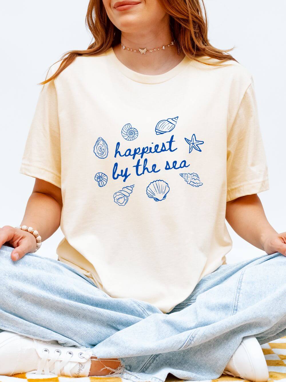Happiest by the Sea Tee Women's Graphic Nautical Shells Beach T‑Shirt
