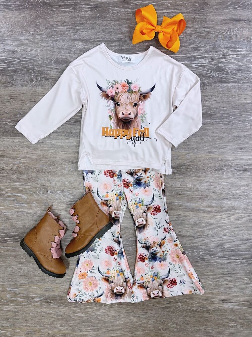 Happy Fall Y&#39;all Highland Cow Girls Flare Pants Outfit - Sydney So Sweet