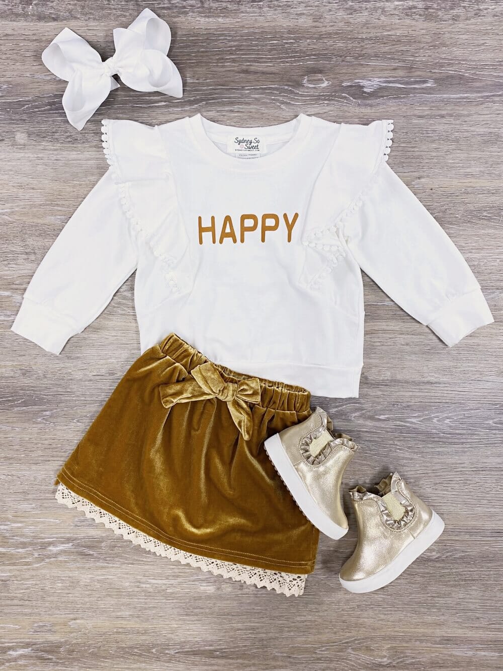 Happy Gold Velvet Lace Trim Girls Skirt Set
