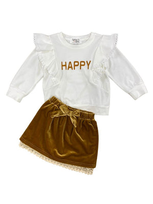 Happy Gold Velvet Lace Trim Girls Skirt Set - Sydney So Sweet
