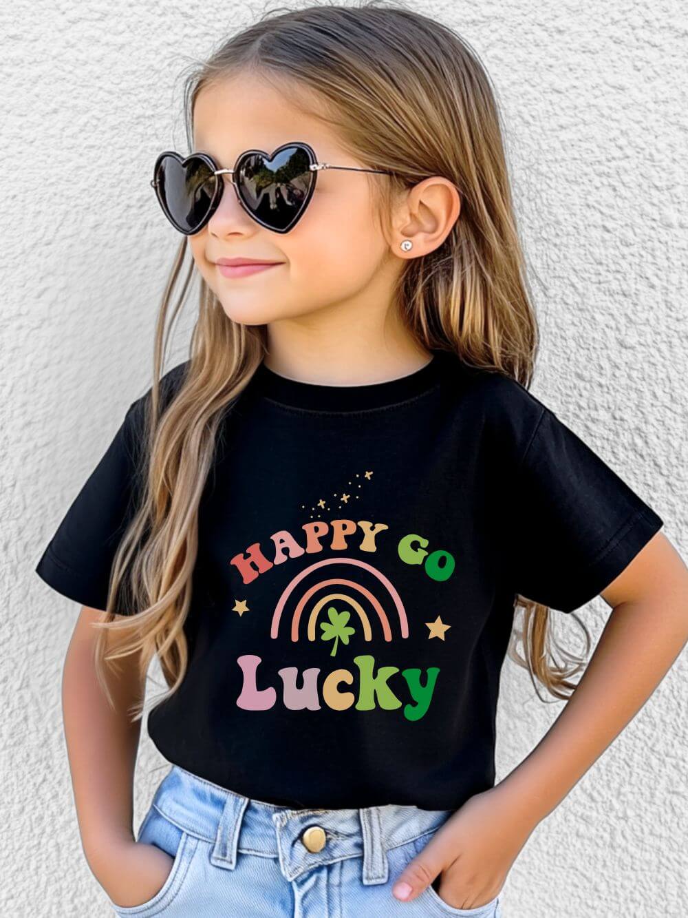 Happy Go Lucky Rainbow Shamrock Youth Tee Cute St. Patrick's Day Kids T-Shirt