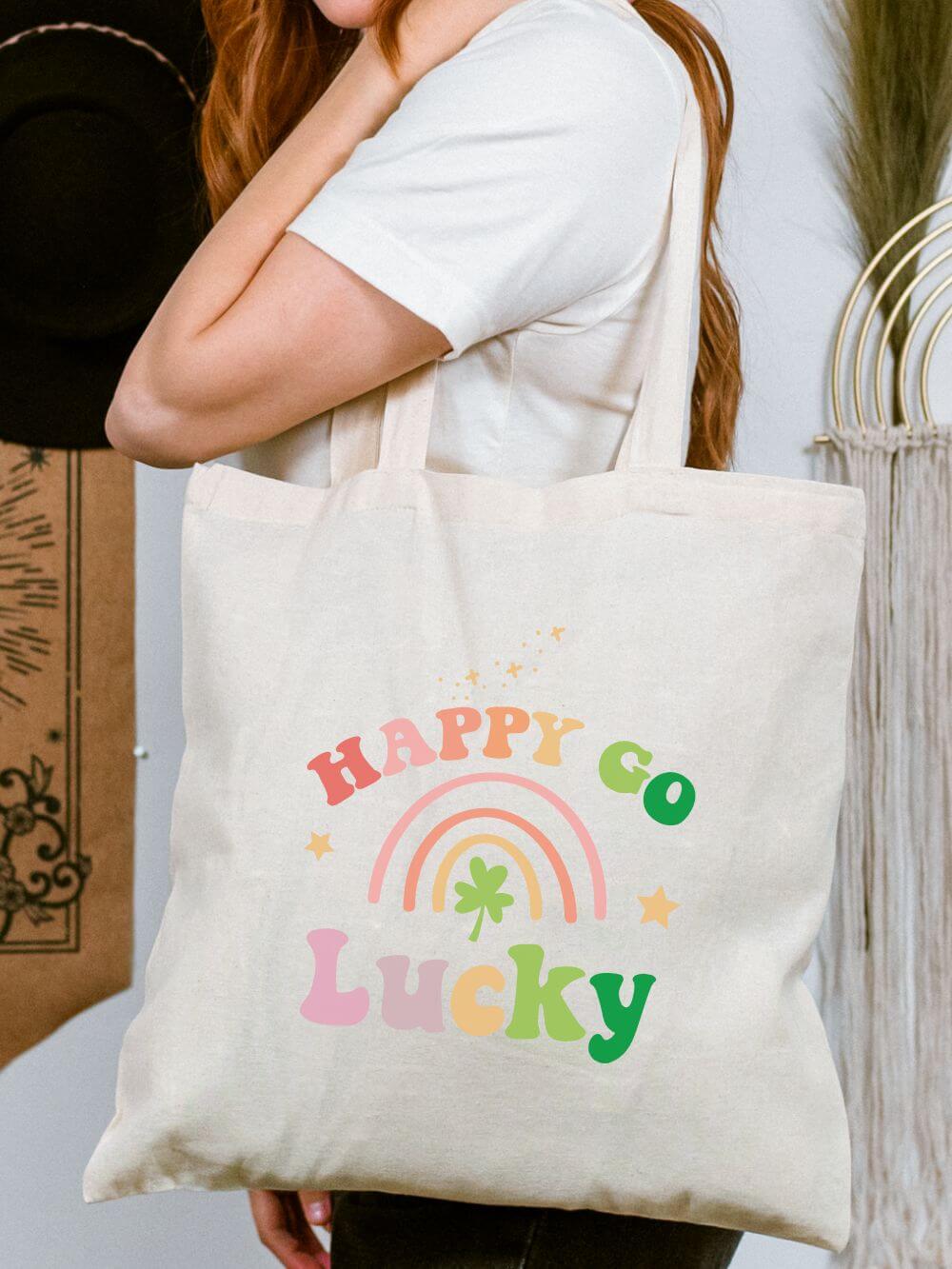 Happy Go Lucky Rainbow Shamrock Cotton Canvas Tote Bag