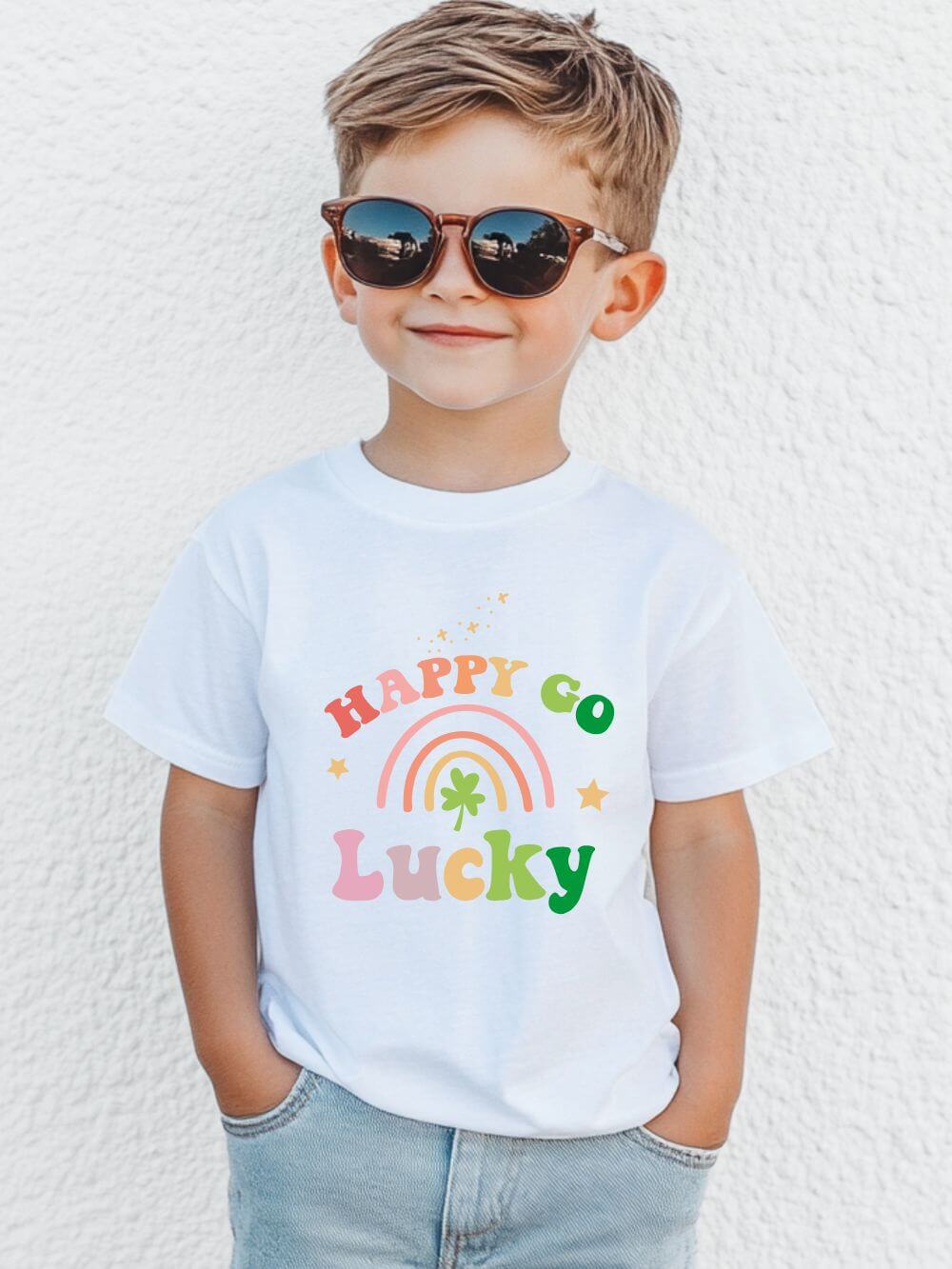 Happy Go Lucky Rainbow Shamrock Youth Tee Cute St. Patrick's Day Kids T-Shirt
