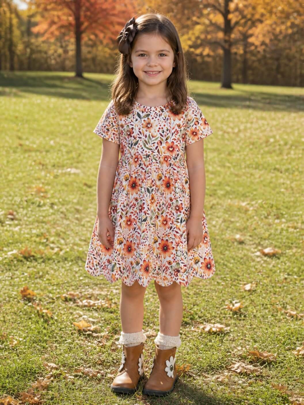 Girl wearing Harvest Blooms scalloped dress