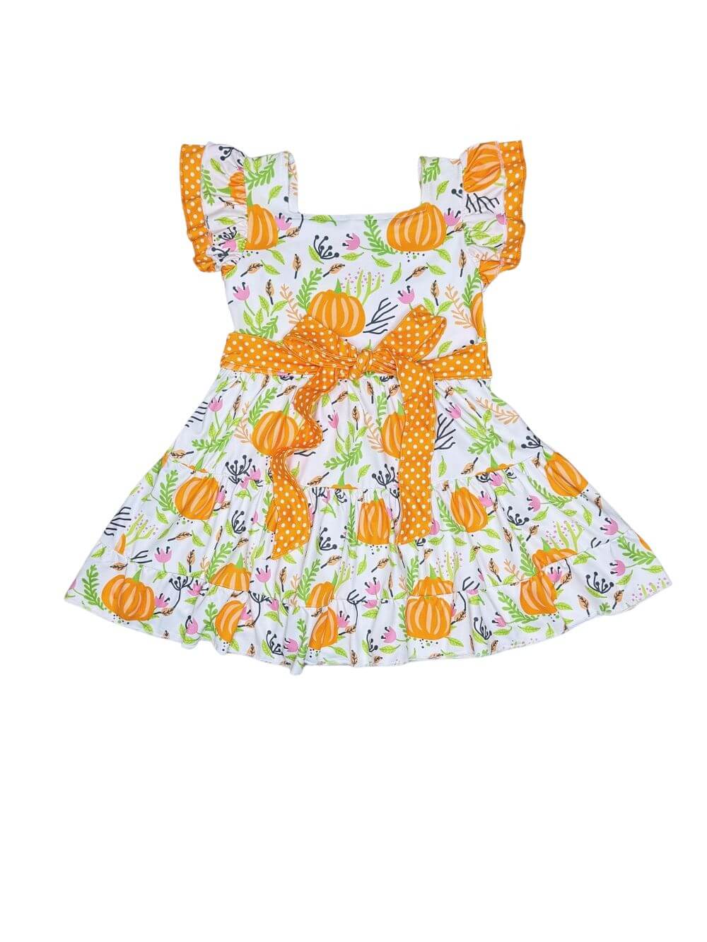 Harvest Pumpkin Girls Tie Belt Twirl Dress