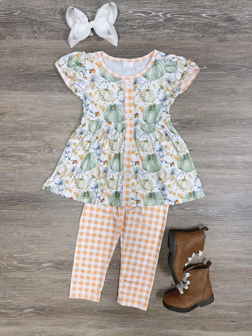 Harvest Pumpkin Girls Tunic & Gingham Leggings Outfit - Sydney So Sweet
