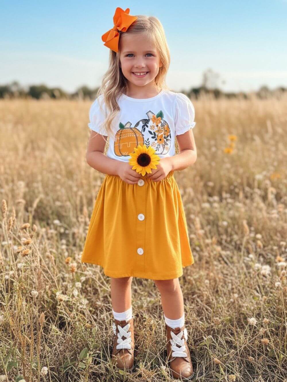 Harvest Pumpkin Floral Girls Skirt Outfit