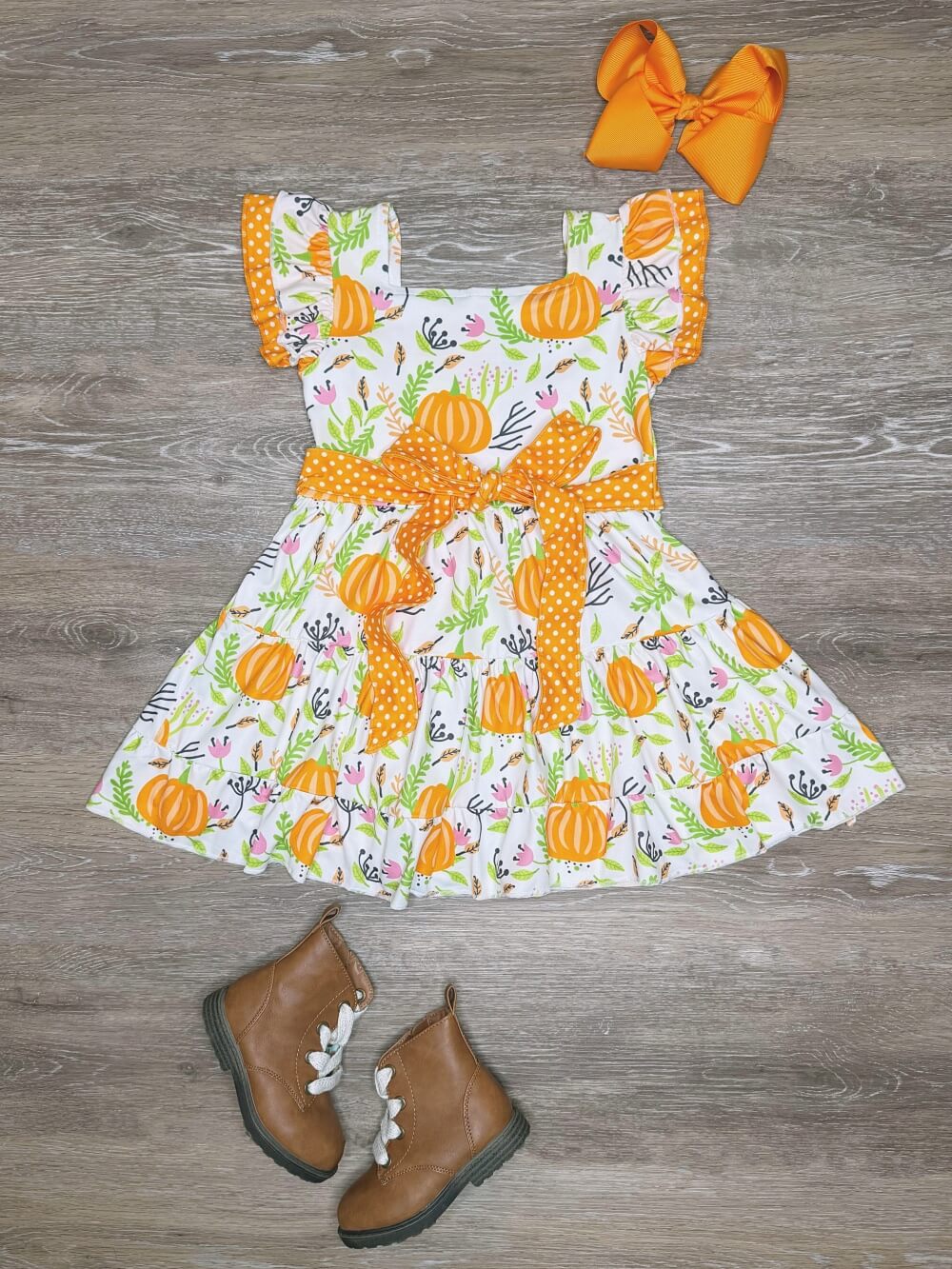Harvest Pumpkin Girls Tie Belt Twirl Dress