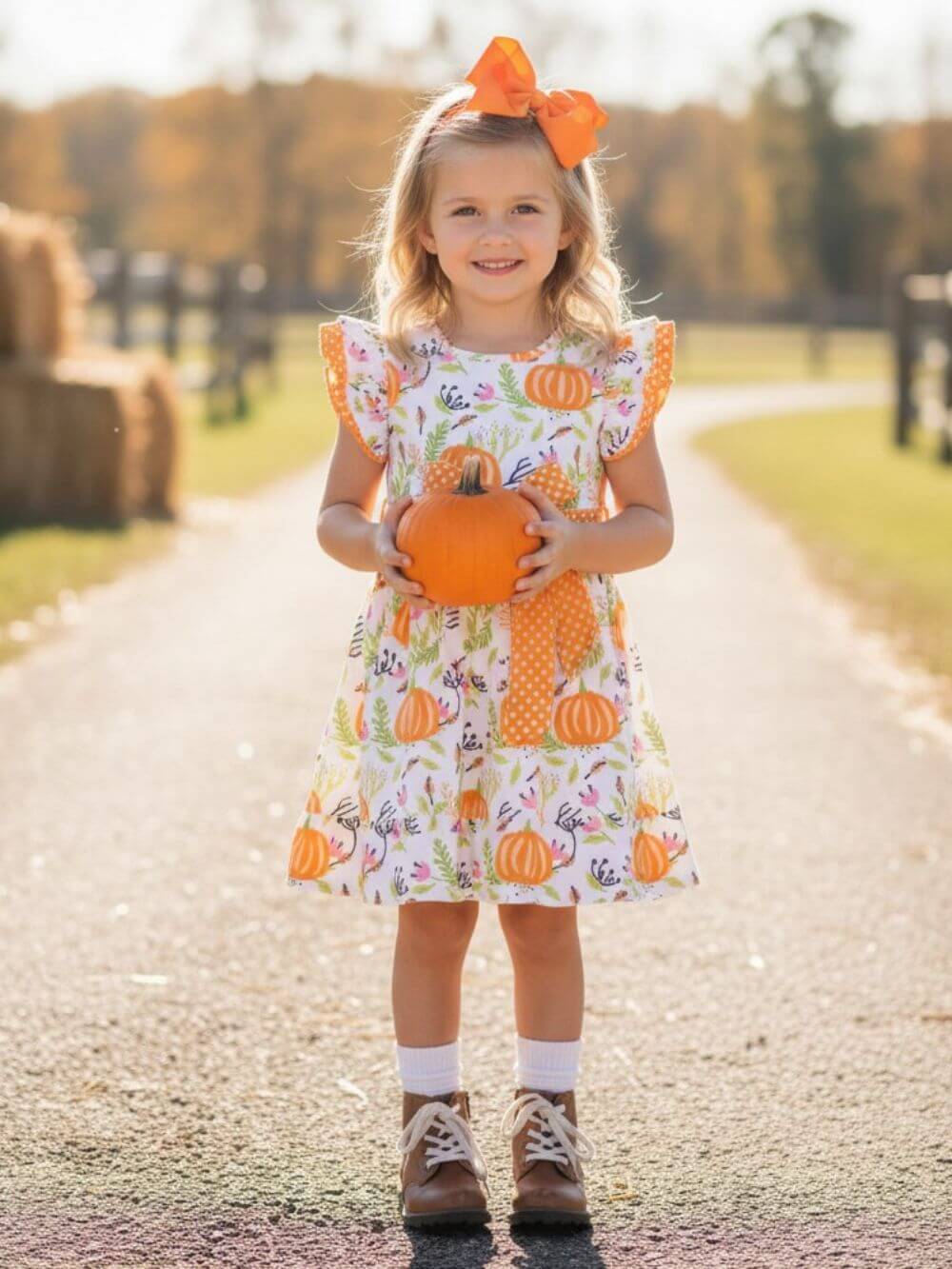Girl wearing harvest pumpkin tie belt twirl dress