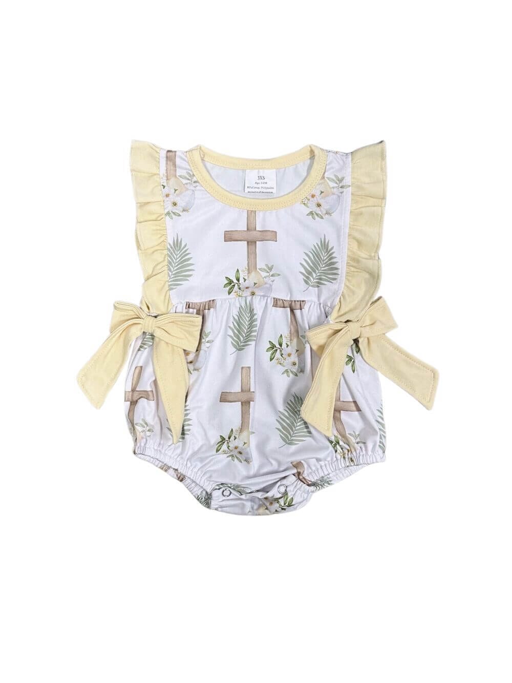 He Lives Yellow Bow Ruffle Trim Girls Easter Baby Bubble Romper - Sydney So Sweet