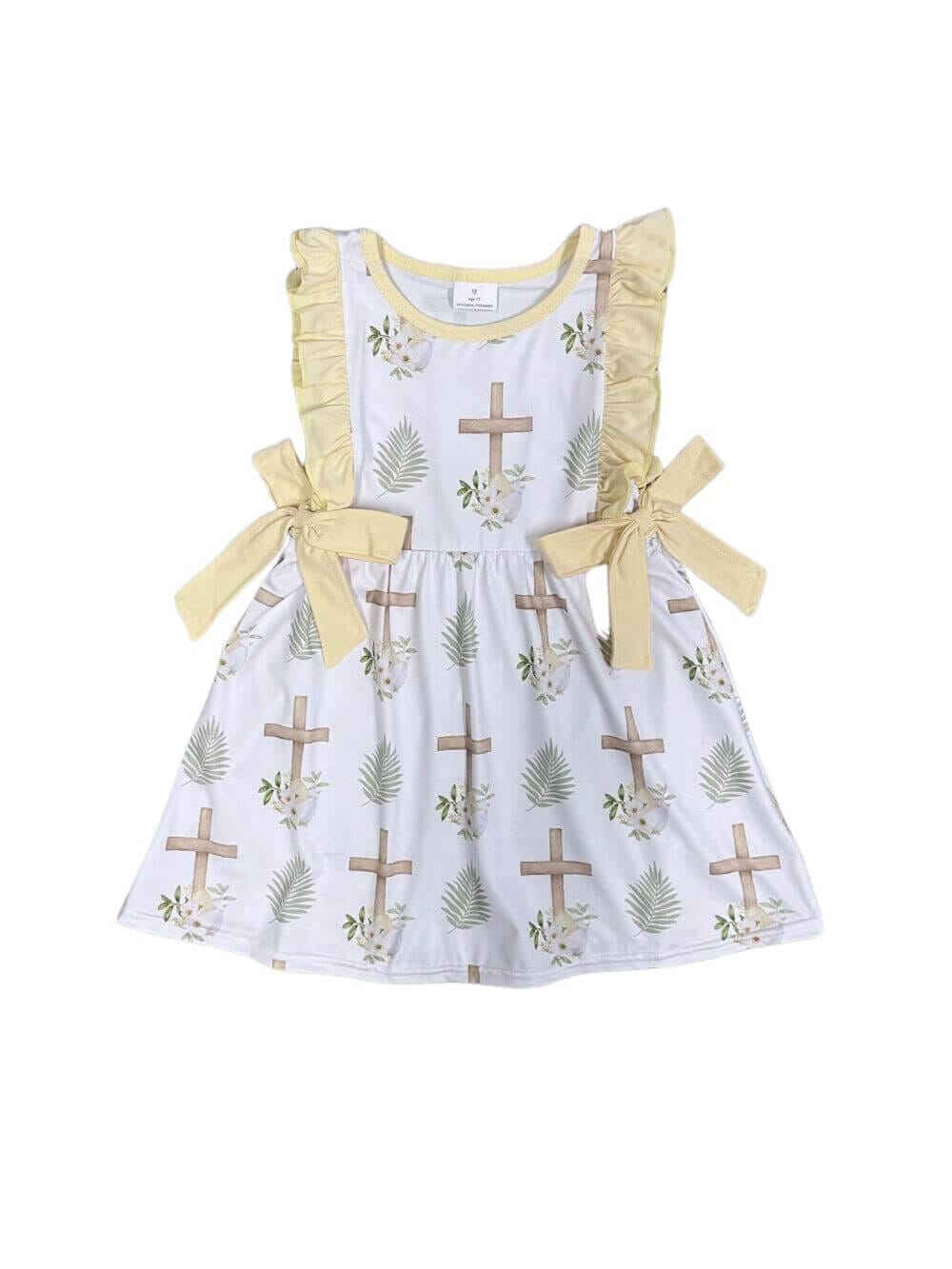 He Lives Yellow Bow Ruffle Trim Girls Easter Dress - Sydney So Sweet