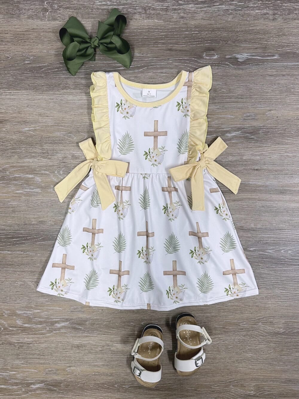 He Lives Yellow Bow Ruffle Trim Girls Easter Dress - Sydney So Sweet