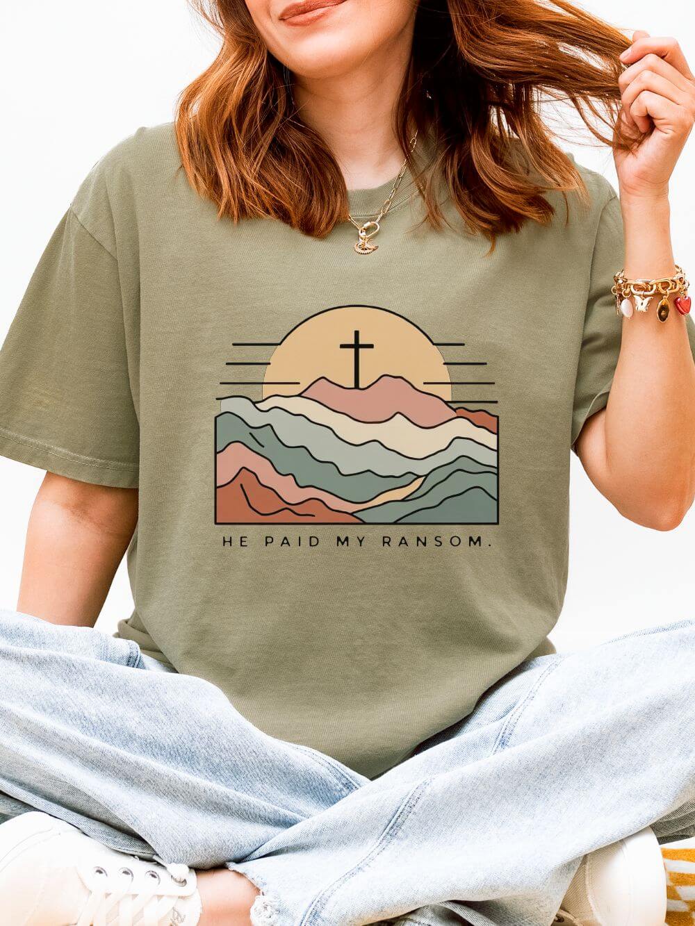 He Paid My Ransom Christian Mountain Cross Graphic T-Shirt Unisex Tee