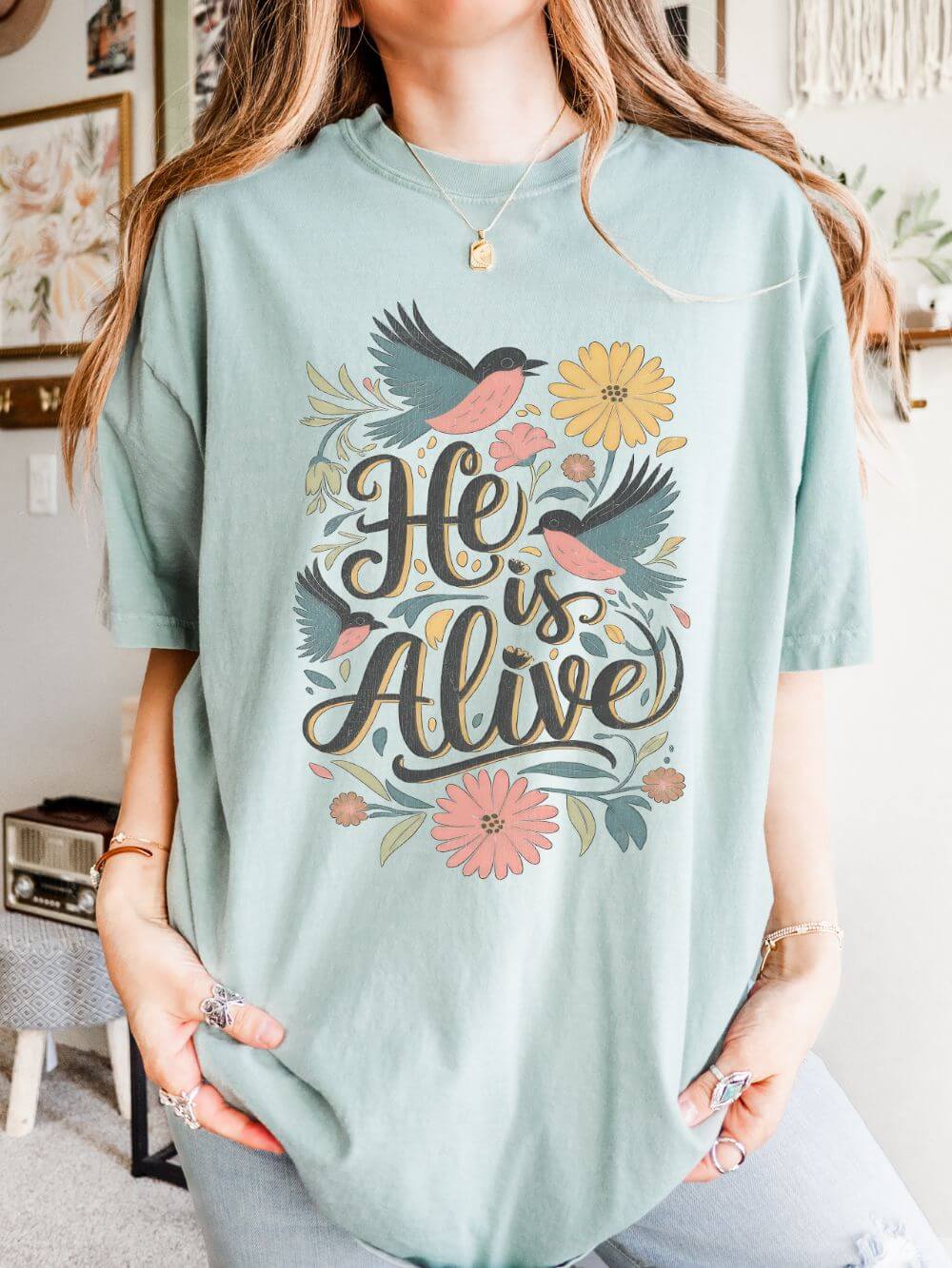 He Is Alive Birds & Floral Easter Unisex Graphic T‑Shirt Distressed Christian Tee