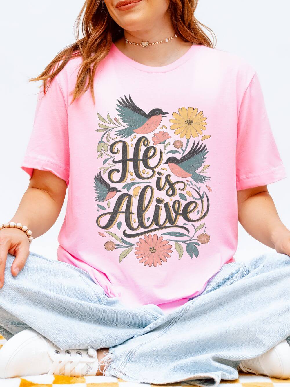 He Is Alive Birds & Floral Easter Unisex Graphic T‑Shirt Distressed Christian Tee