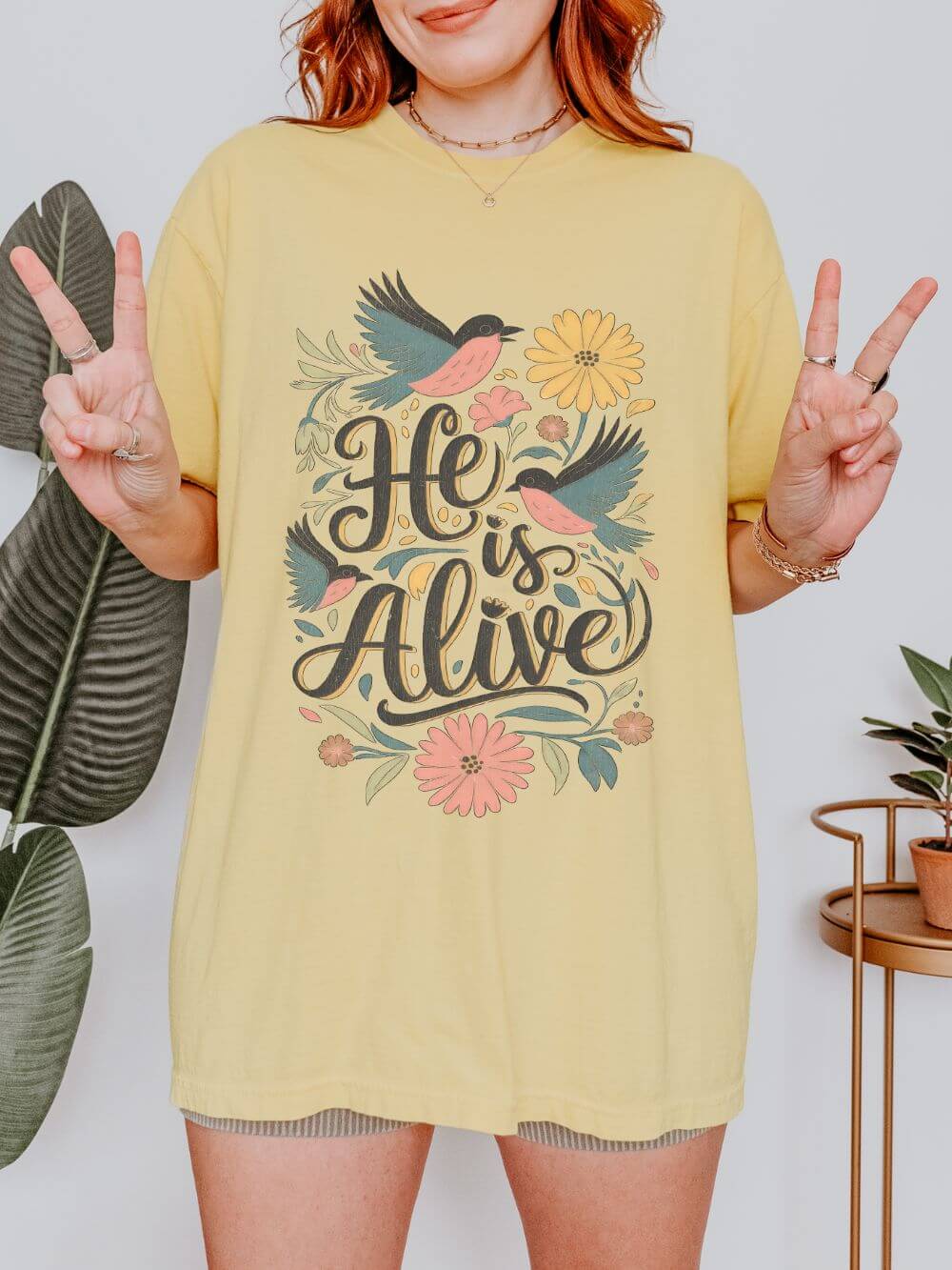 He Is Alive Birds & Floral Easter Unisex Graphic T‑Shirt Distressed Christian Tee