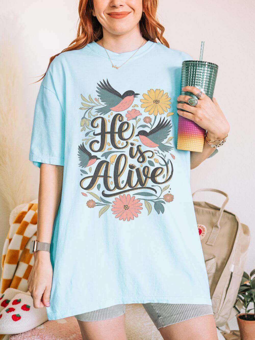He Is Alive Birds & Floral Easter Unisex Graphic T‑Shirt Distressed Christian Tee