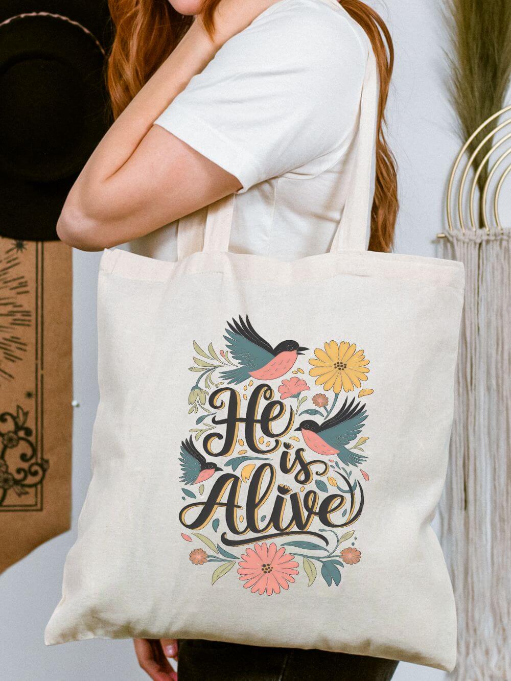 He Is Alive Floral Birds Christian Easter Cotton Canvas Shopper Tote Bag