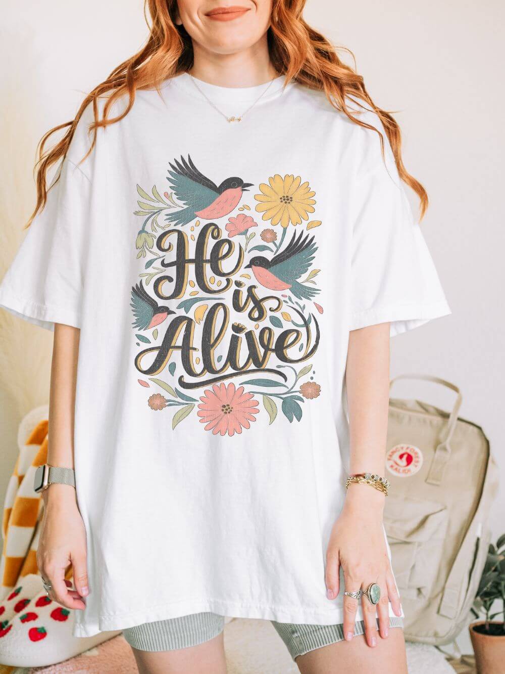 He Is Alive Birds & Floral Easter Unisex Graphic T‑Shirt Distressed Christian Tee