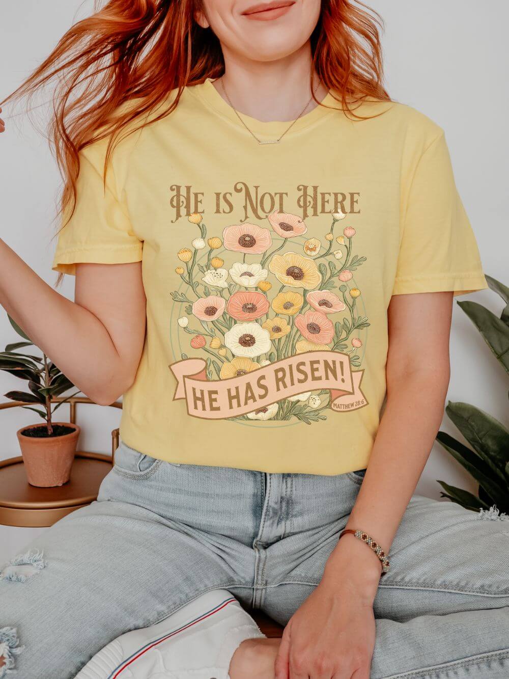 He Is Not Here He Has Risen Floral Unisex Easter T-Shirt Distressed Christian Tee