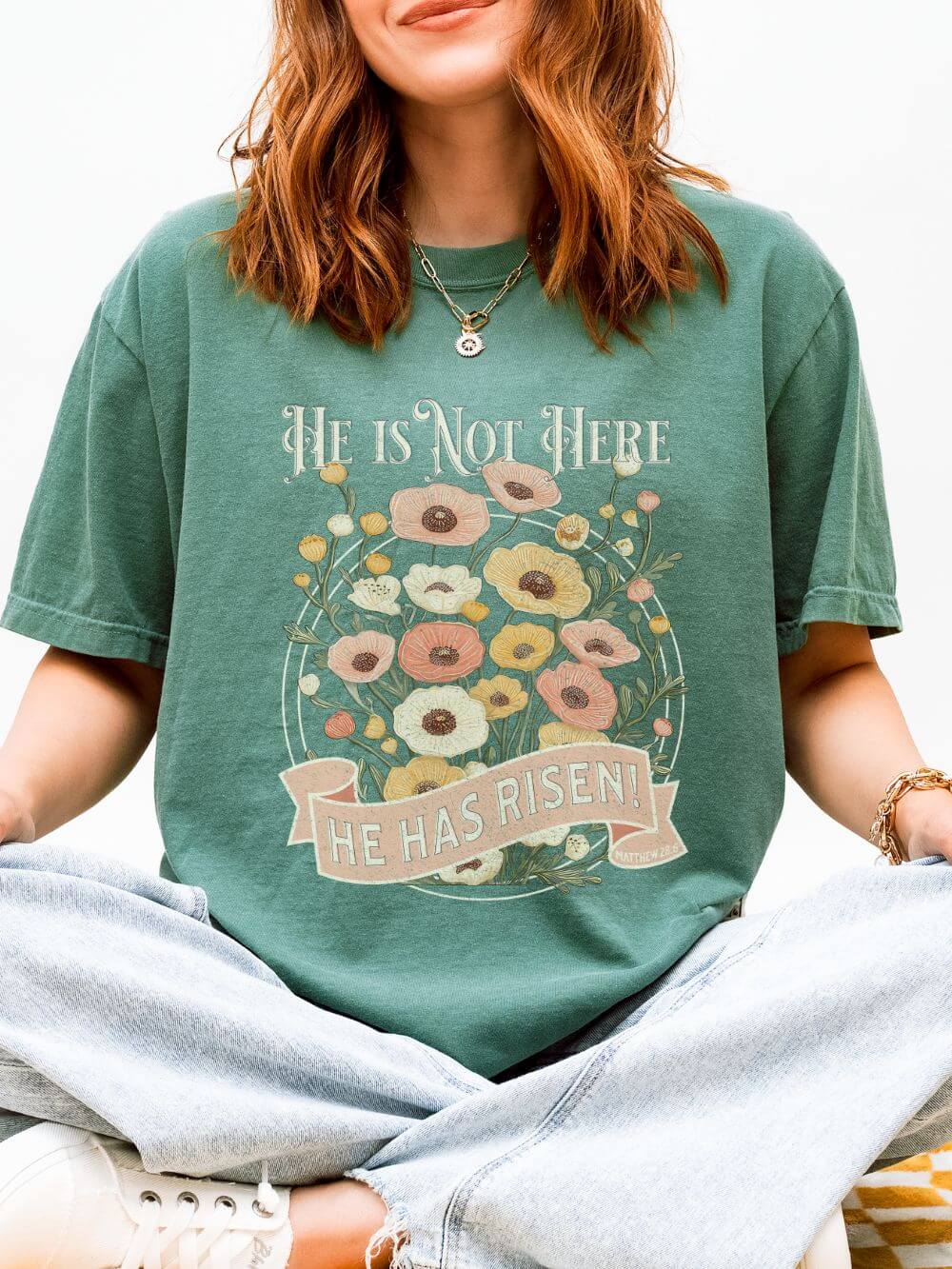 He Is Not Here He Has Risen Floral Unisex Easter T-Shirt Distressed Christian Tee