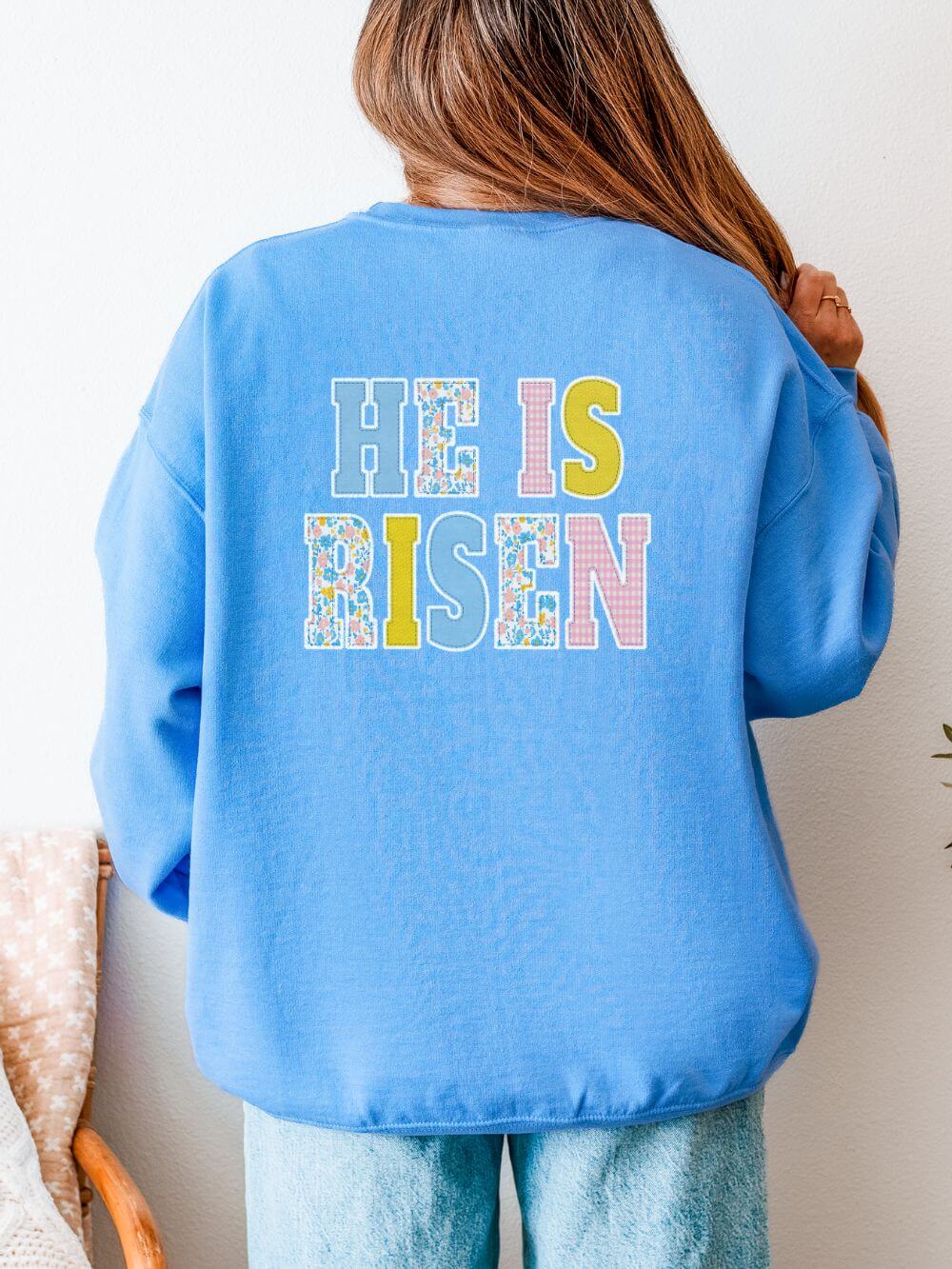 He is Risen Cross Floral Patchwork Easter Unisex Heavy Blend Crewneck Sweatshirt