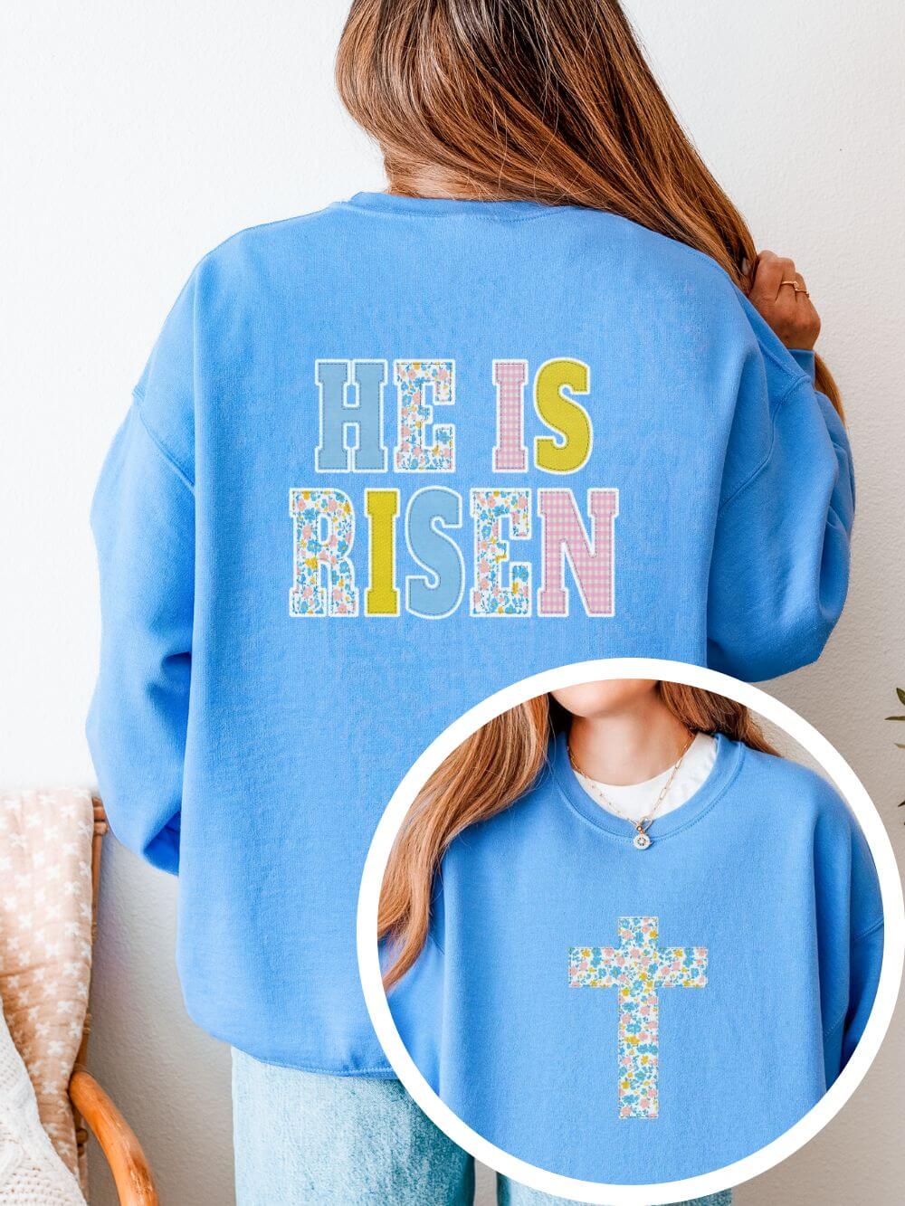 He is Risen Cross Floral Patchwork Easter Unisex Heavy Blend Crewneck Sweatshirt