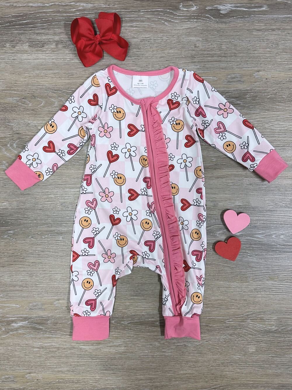 Heart Sucker for You Girls Baby Zip Up Pink Trim Romper - Sydney So Sweet