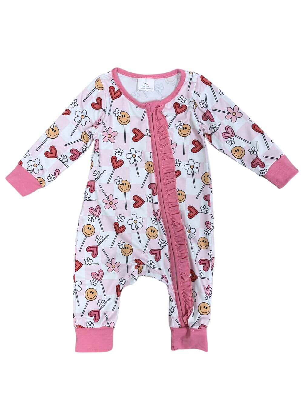 Heart Sucker for You Girls Baby Zip Up Pink Trim Romper - Sydney So Sweet