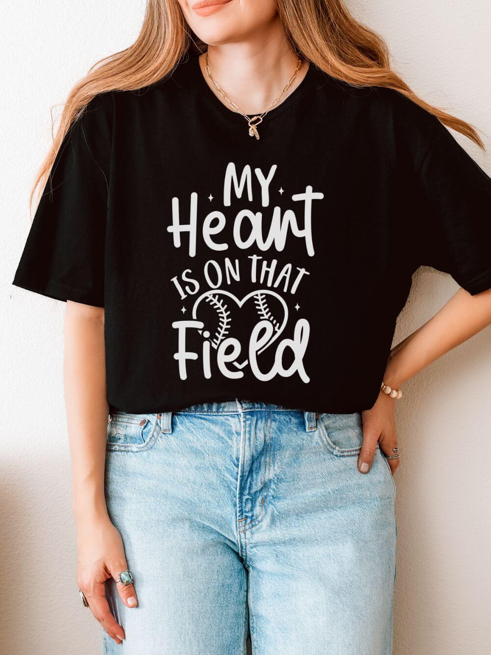 My Heart is On That Field Baseball or Softball Graphic T-Shirt Cute Sports Mom Tee (12 Team Colors)