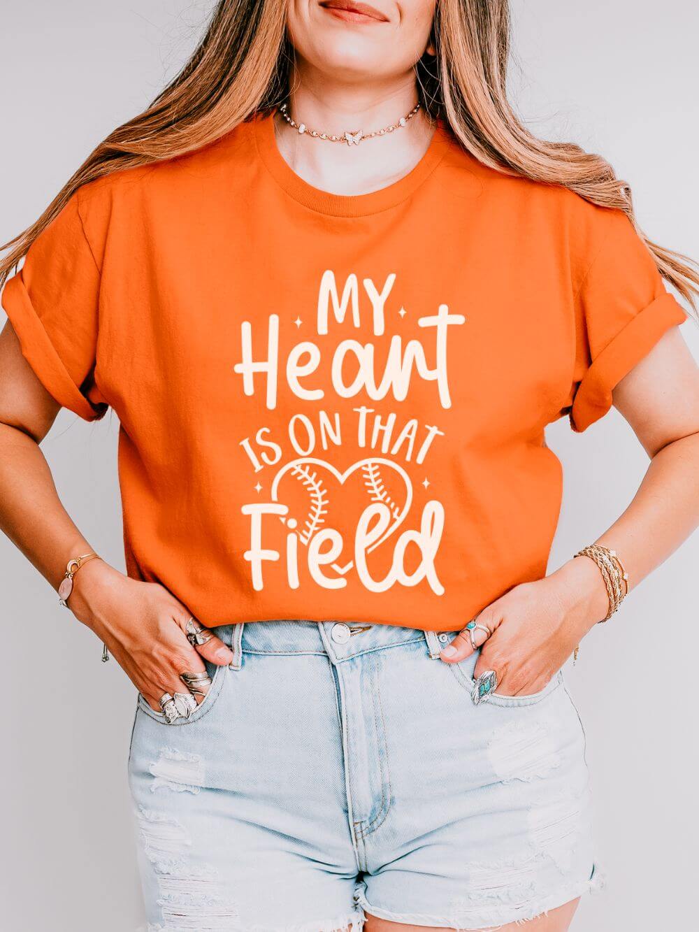 My Heart is On That Field Baseball or Softball Graphic T-Shirt Cute Sports Mom Tee (12 Team Colors)