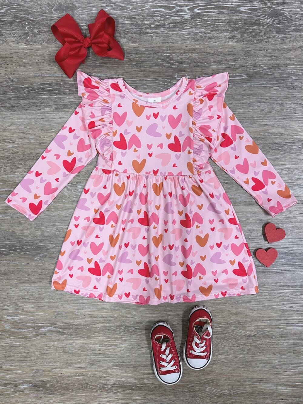 Hearts Aflutter Ruffle Trim Girls Long Sleeve Heart Dress - Sydney So Sweet