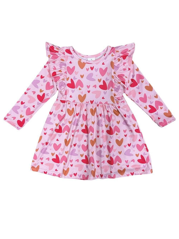 Hearts Aflutter Ruffle Trim Girls Long Sleeve Heart Dress
