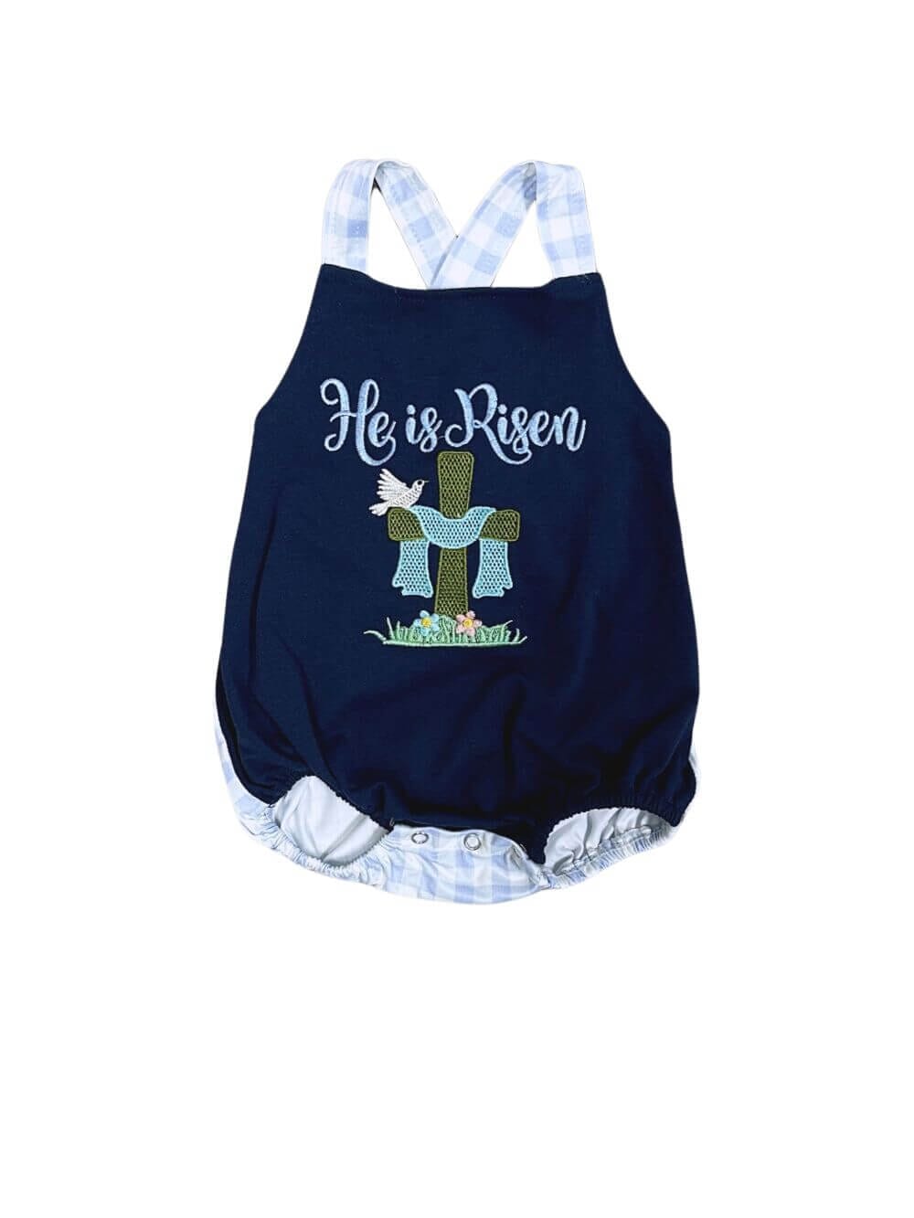He is Alive Blue Plaid Boys Easter Baby Bubble Romper - Sydney So Sweet