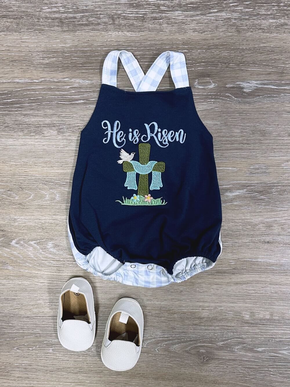 He is Alive Blue Plaid Boys Easter Baby Bubble Romper - Sydney So Sweet