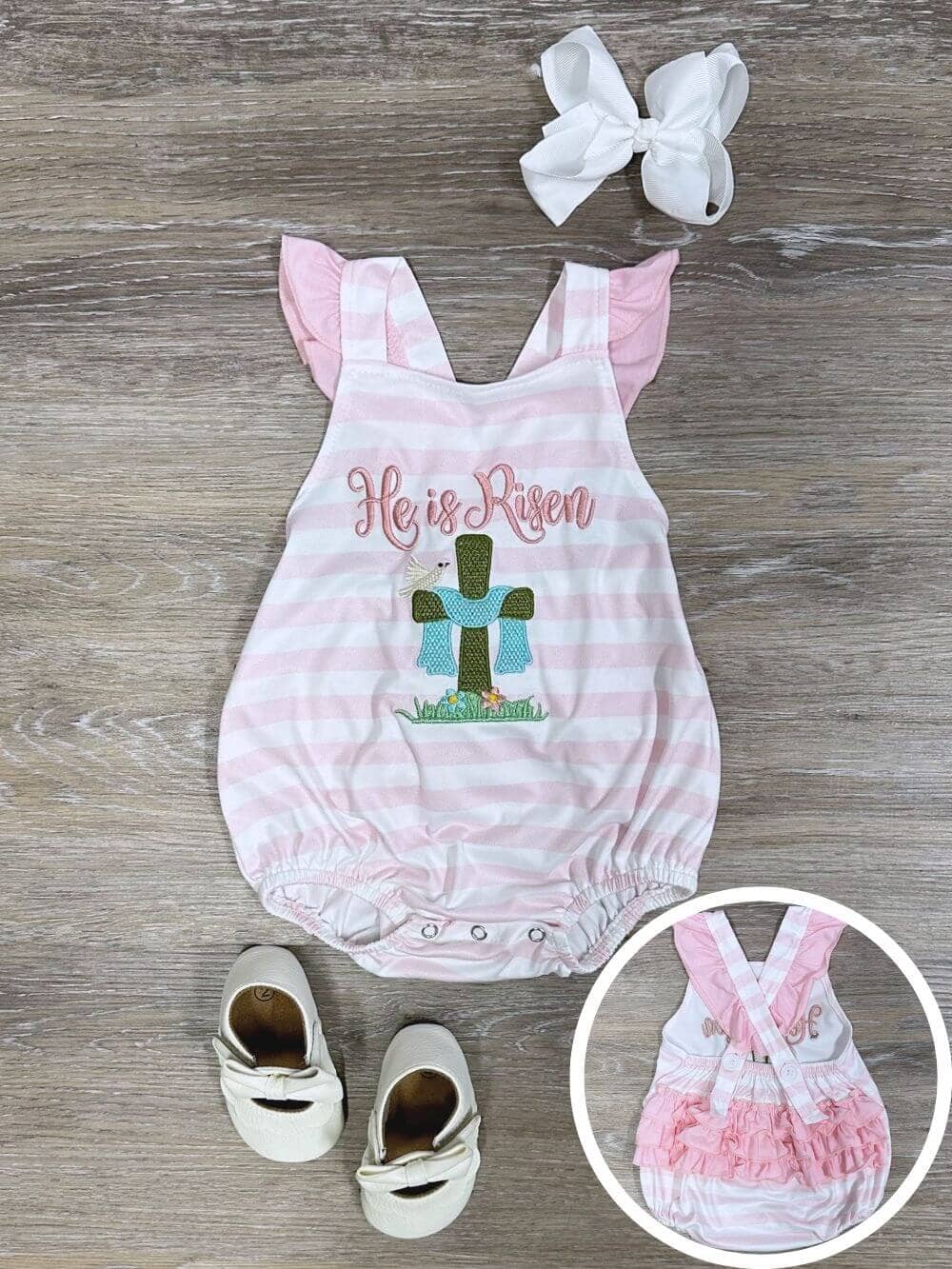 He is Alive Pink Stripe Girls Easter Baby Bubble Romper - Sydney So Sweet