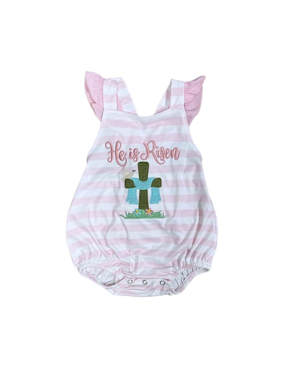 He is Alive Pink Stripe Girls Easter Baby Bubble Romper - Sydney So Sweet