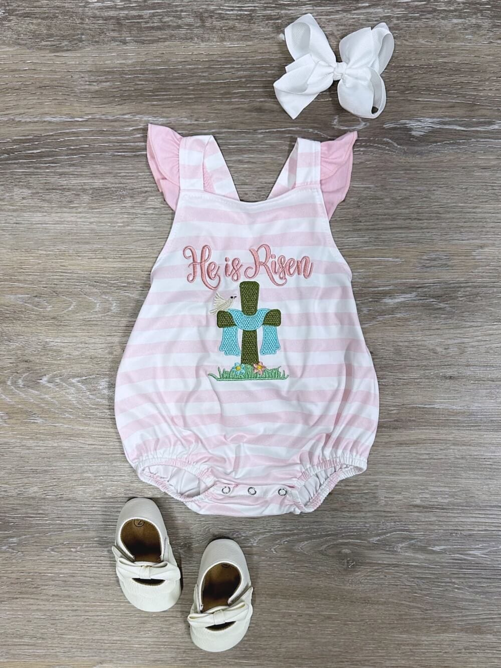 He is Alive Pink Stripe Girls Easter Baby Bubble Romper - Sydney So Sweet